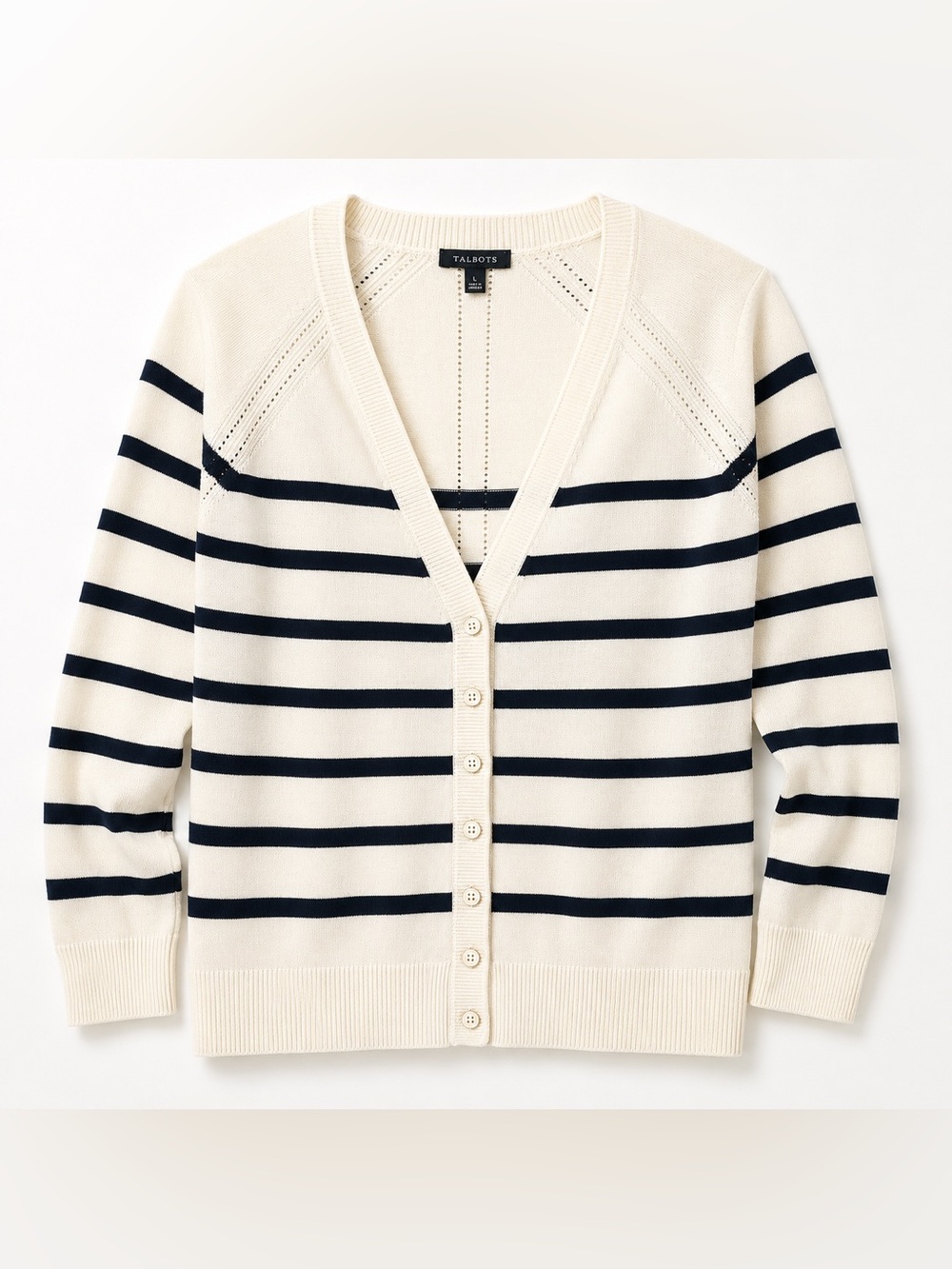 Talbots Ivory Navy Striped Button Front Cardigan Sweater Large